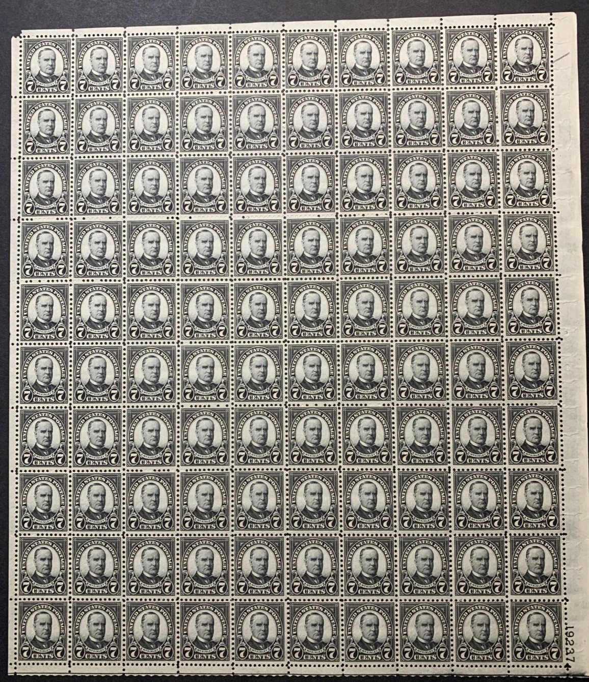 US #639 1927 7c McKinley Sheet of 100. MNH F-VF (BCV $435)