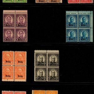 US #669-73,75-76,78-79 1929 Blocks of 4, *Nebr.* Overprint MNH VG-F (SCV $1,842)