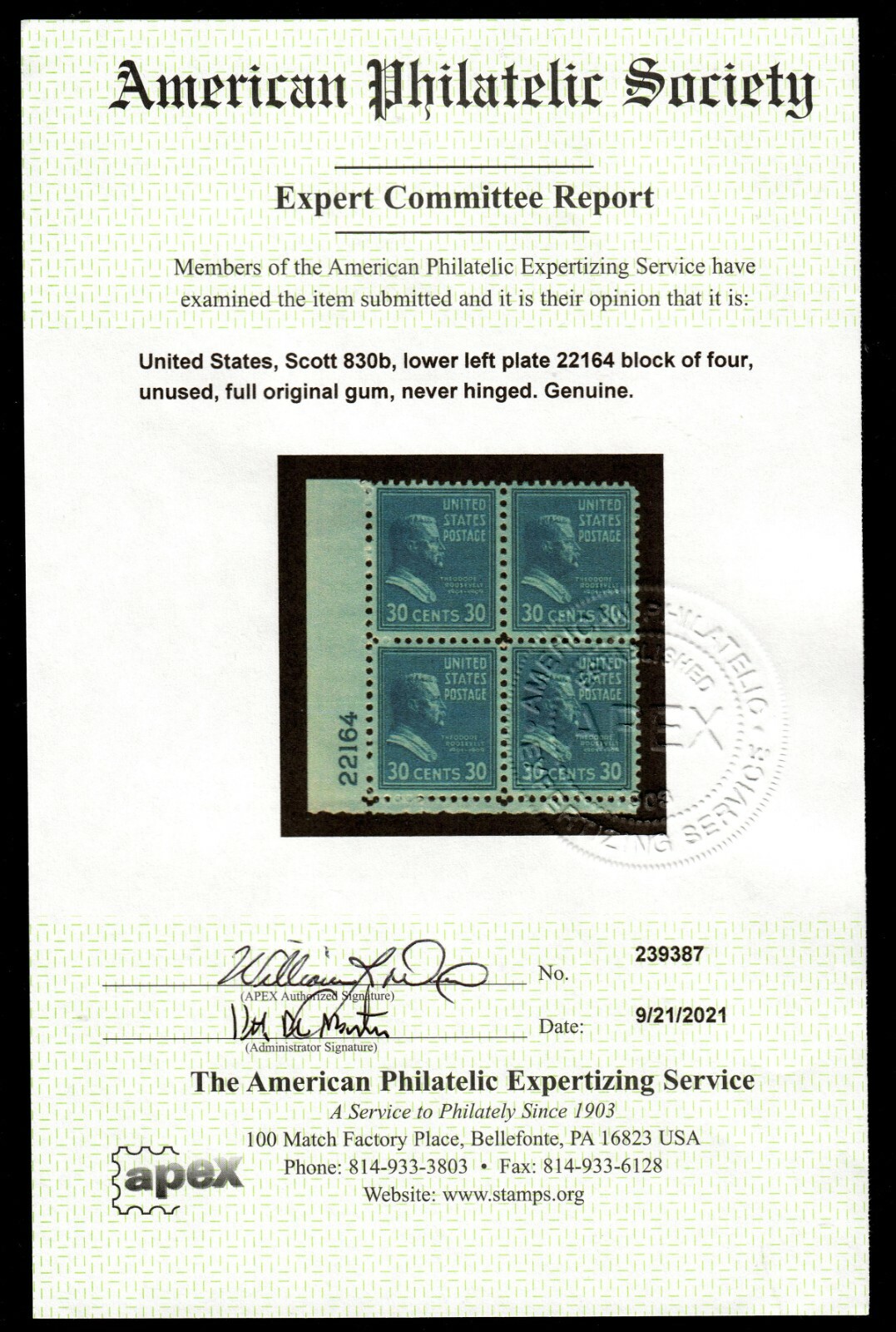 US #830b 1938 30c Roosevelt, Deep Blue Plate Block 4 LR #22164 APEX (SCV $1,400) - Image 3