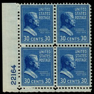 US #830b 1938 30c Roosevelt, Deep Blue Plate Block 4 LR #22164 APEX (SCV $1,400)