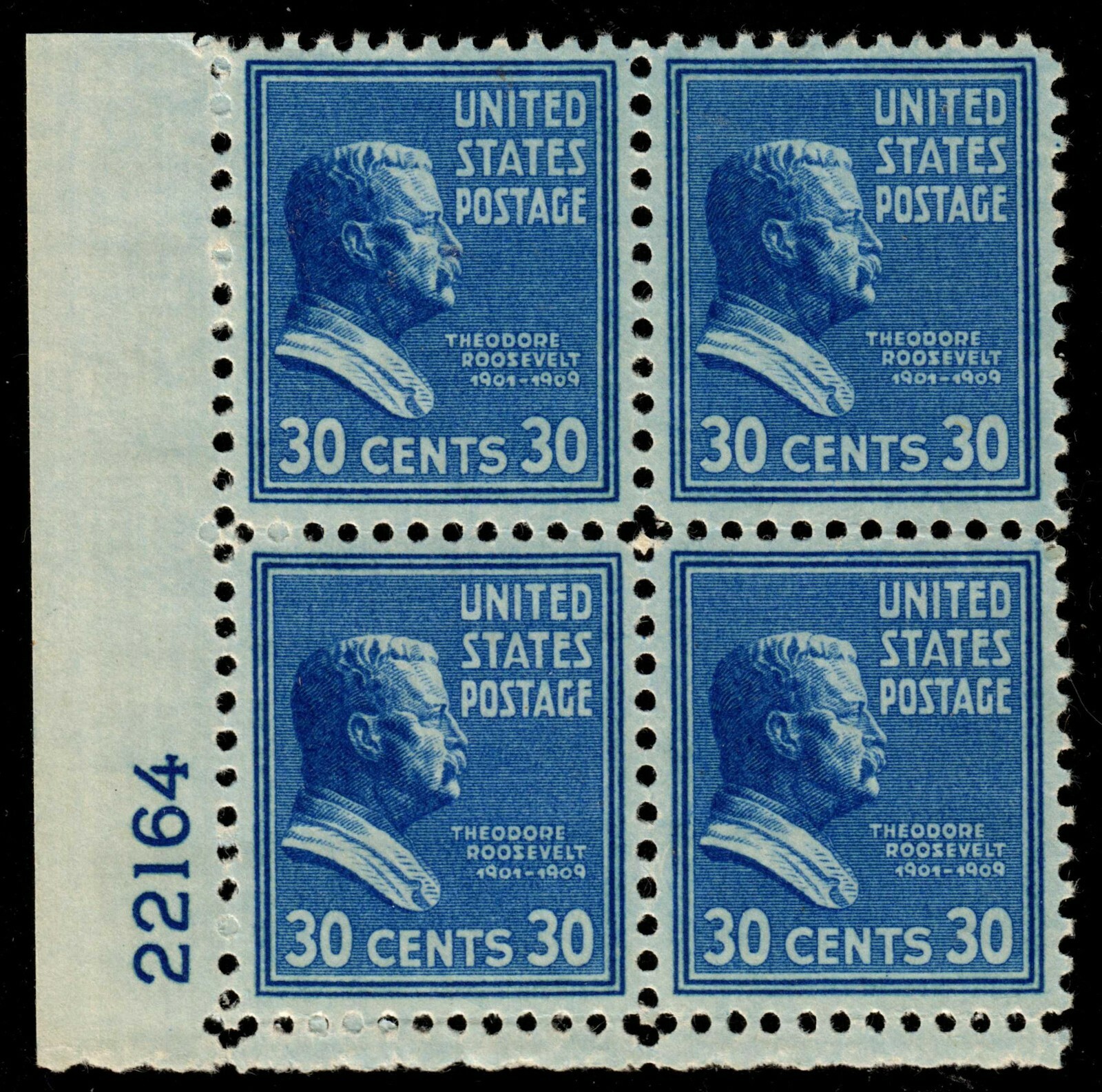 US #830b 1938 30c Roosevelt, Deep Blue Plate Block 4 LR #22164 APEX (SCV $1,400)