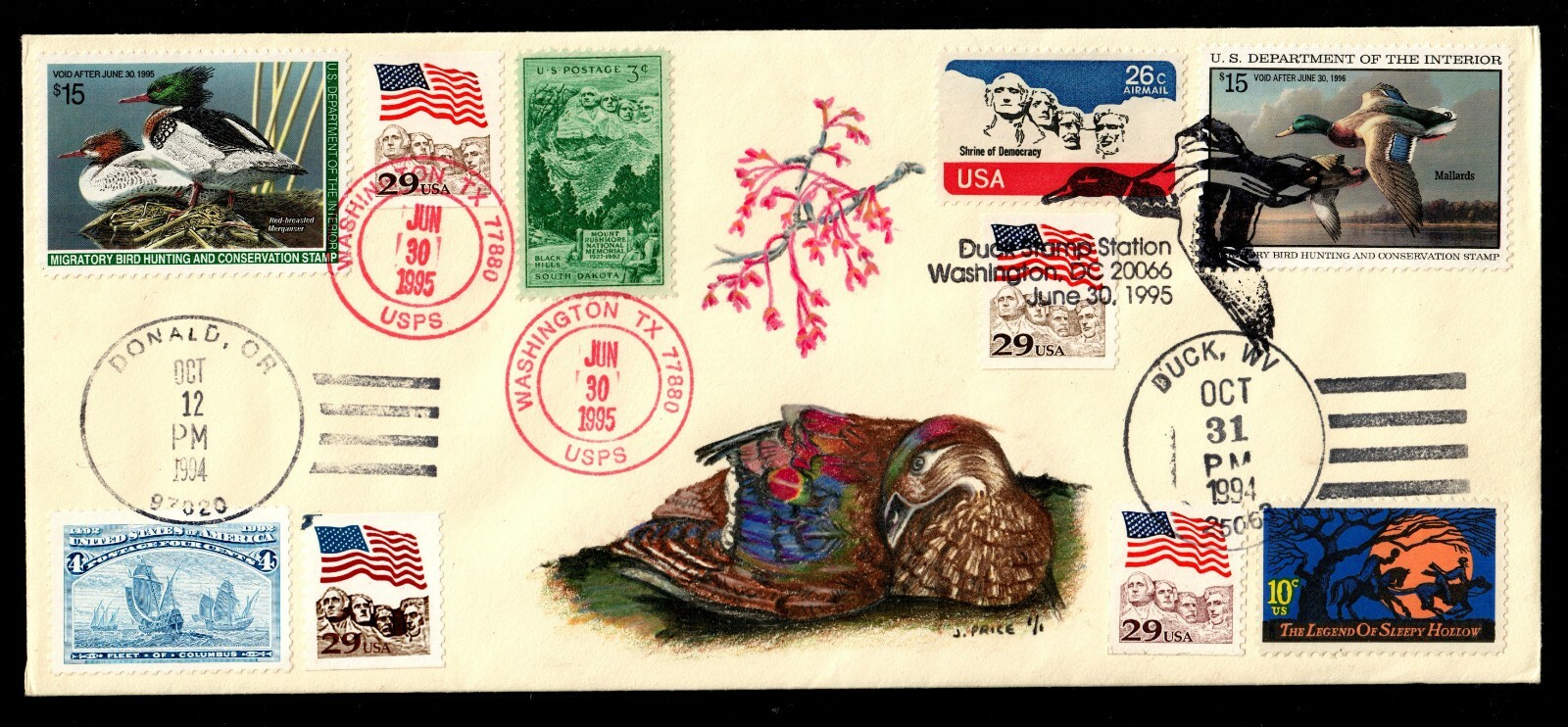 USA #RW61/RW62 FDC Duck, Hand Drawn, HP, & Signed by J. Price. UNIQUE 1/1