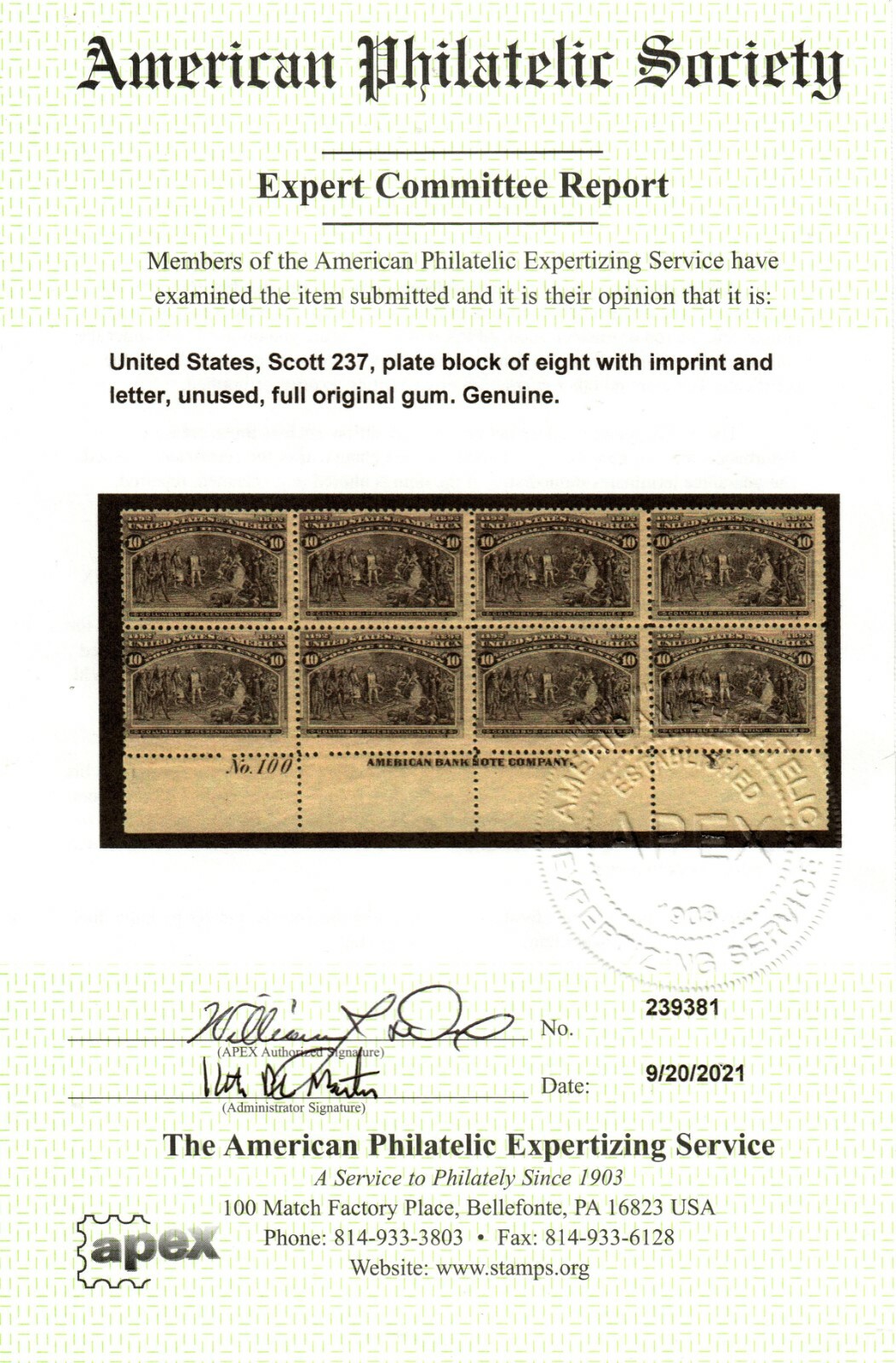 US #237 1893 10c Columbian Plate Block 8 #100 Imprint MNH OG APEX (SCV $8,000) - Image 13