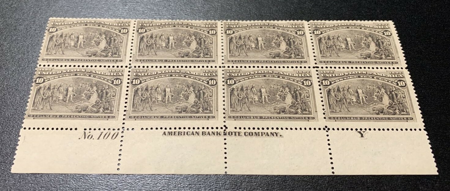 US #237 1893 10c Columbian Plate Block 8 #100 Imprint MNH OG APEX (SCV $8,000) - Image 5