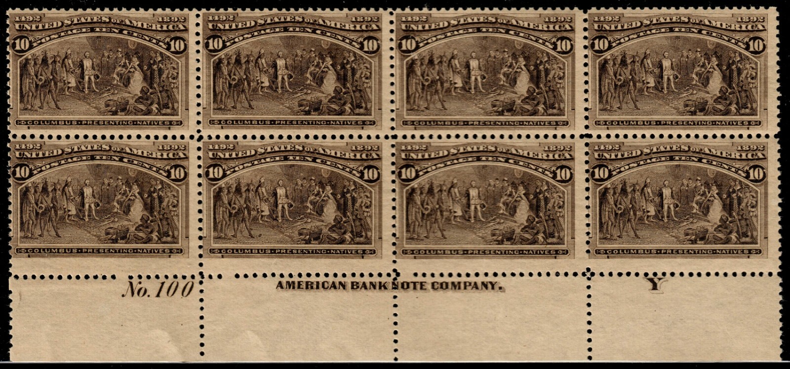 US #237 1893 10c Columbian Plate Block 8 #100 Imprint MNH OG APEX (SCV $8,000)