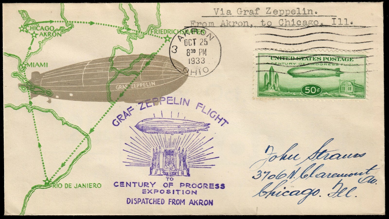 US #C18-8 1933 50c Baby Zep Linprint Cover. Akron, OH to Chicago, IL. (CV $350) - Image 3