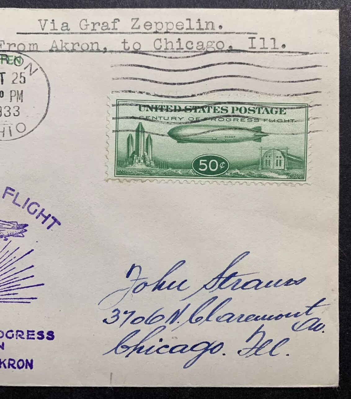 US #C18-8 1933 50c Baby Zep Linprint Cover. Akron, OH to Chicago, IL. (CV $350) - Image 4