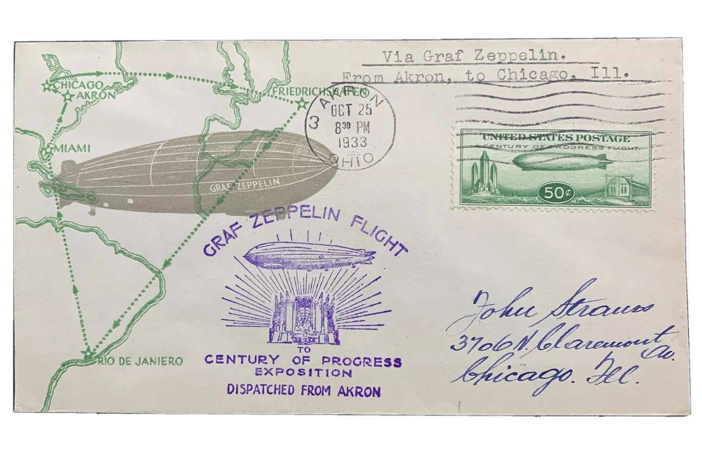 US #C18-8 1933 50c Baby Zep Linprint Cover. Akron, OH to Chicago, IL. (CV $350)