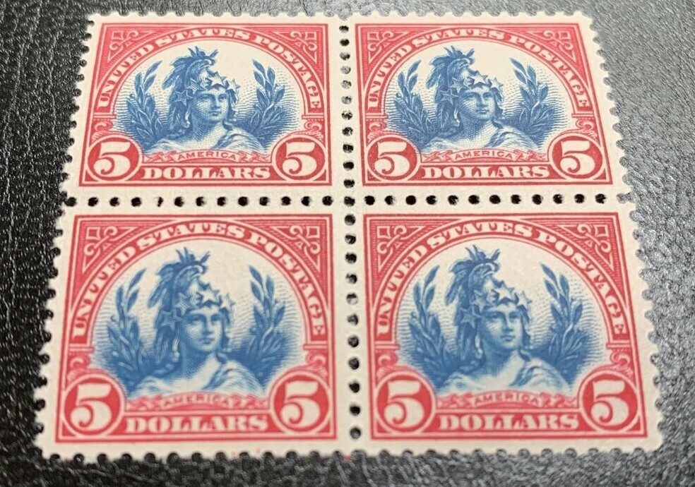 US #573 1923 $5 Head of Freedom Statue, Block of 4 MNH VG to XF - Image 4