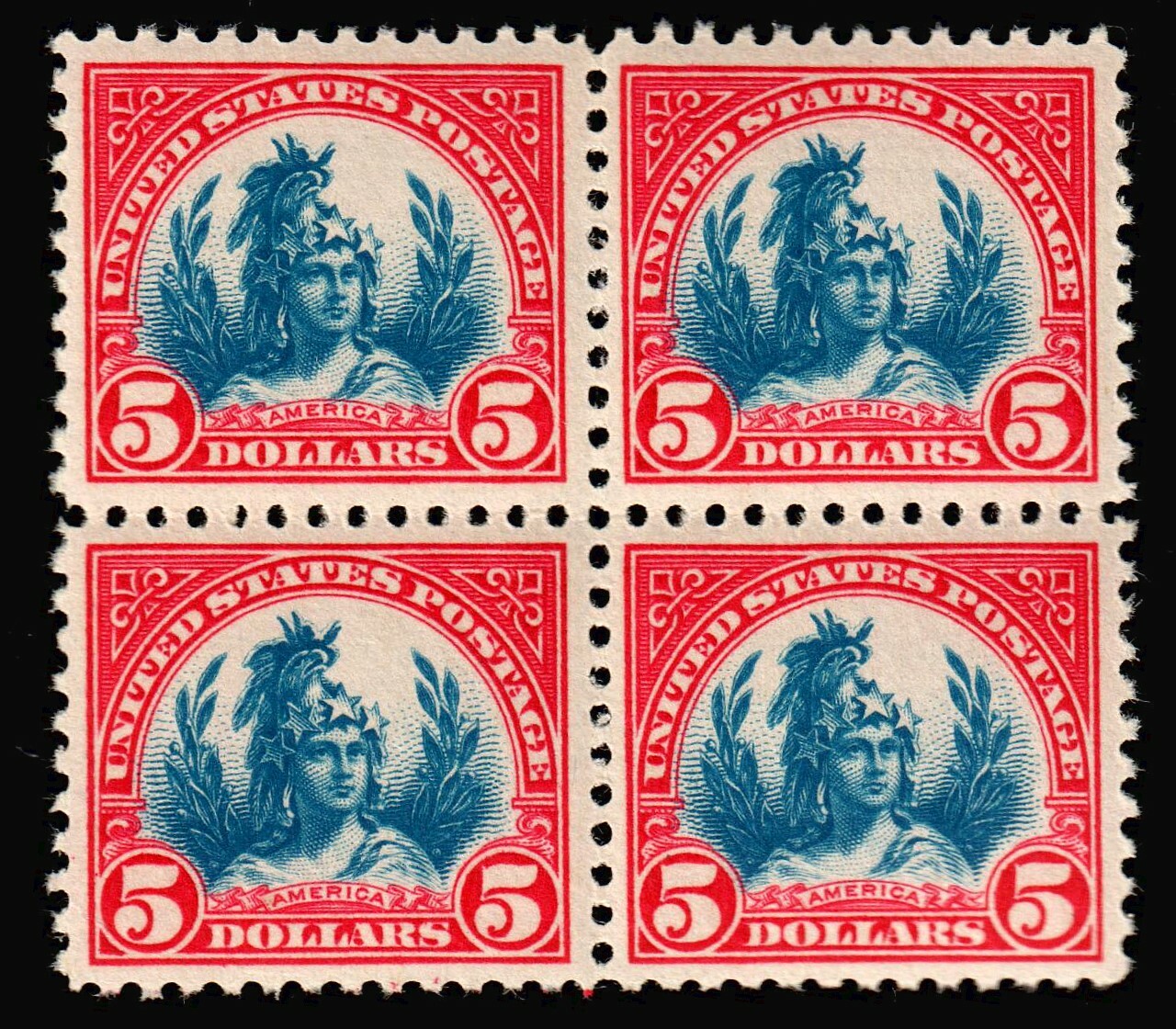 US #573 1923 $5 Head of Freedom Statue, Block of 4 MNH VG to XF