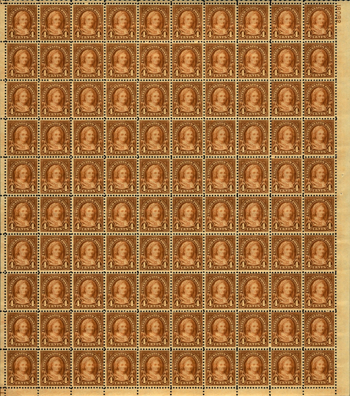 US #636 4c Martha Washington, Full Sheet of 100 MNH VF (BCV $550)