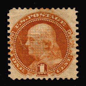US #112 1869 1c Franklin Used Reperfed, Grill Hard Wove Paper with APEX Cert