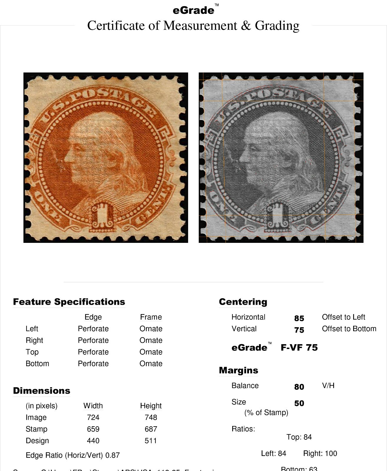 US #112 1869 1c Franklin Used Reperfed, Grill Hard Wove Paper with APEX Cert - Image 4