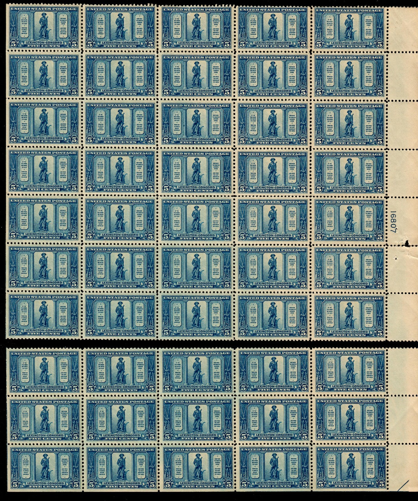 US #619 5c Lexington-Concord 'Minute Man'. MNH F-VF (SCV $1,300 as Singles)
