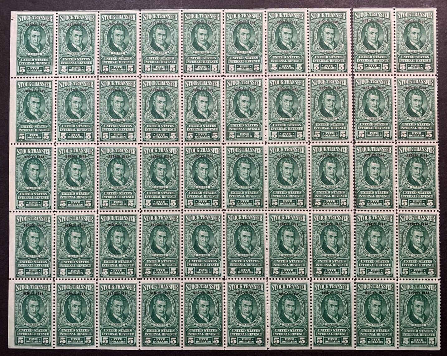 US #RD108 1941 $5 Stock Transfer, Full Sheet of 50. MNH F-VF (CV $3,250 Singles) - Image 4