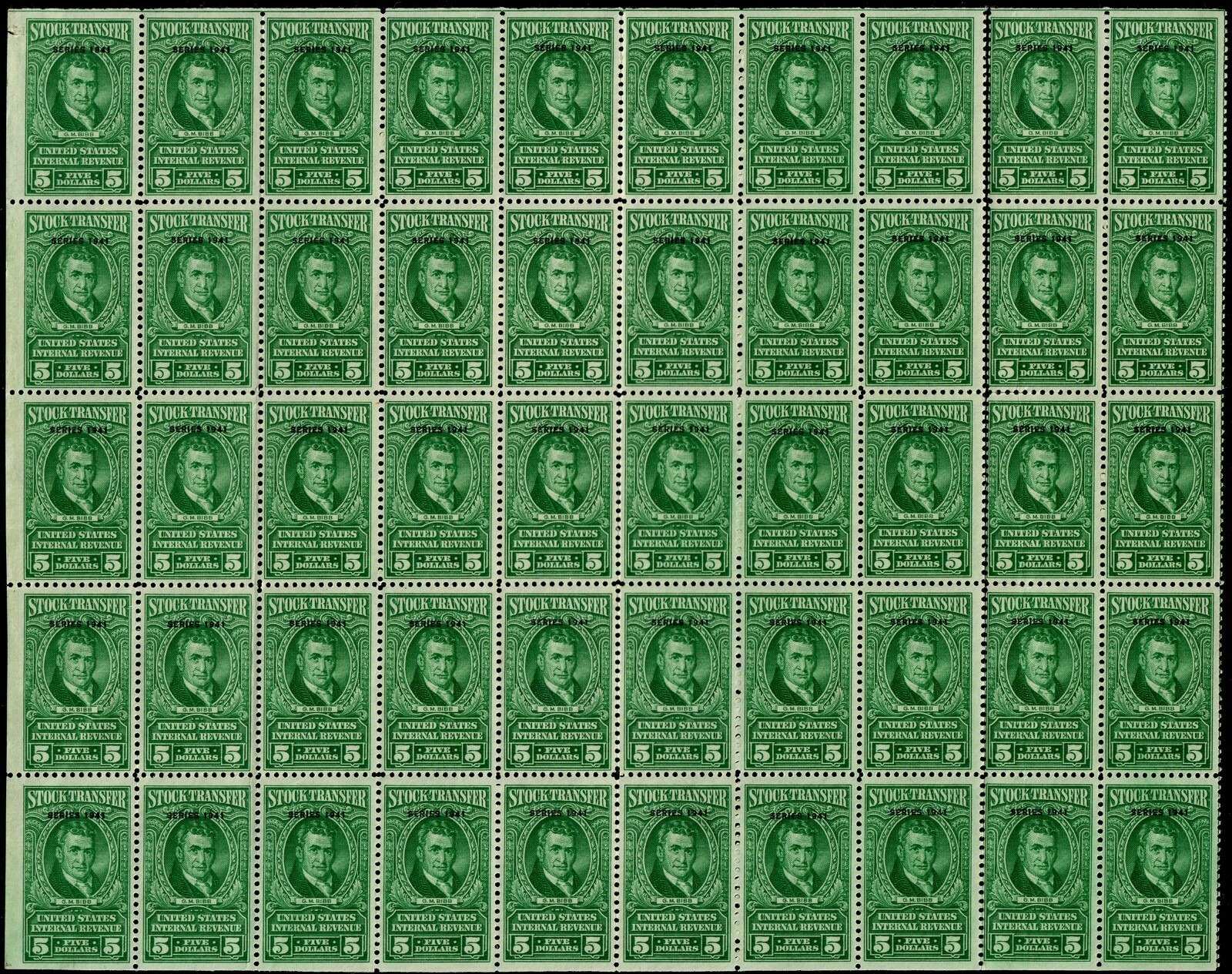 US #RD108 1941 $5 Stock Transfer, Full Sheet of 50. MNH F-VF (CV $3,250 Singles)